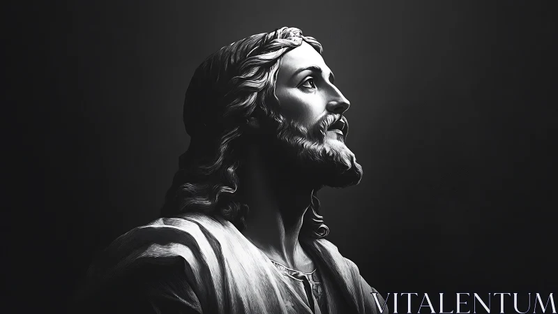 Monochrome devotional portrait rendered in high-contrast chiaroscuro