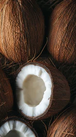 High-resolution macro study of halved and whole textured coconuts