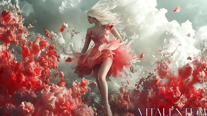 Ethereal woman drifts through crimson blossoms and clouds.