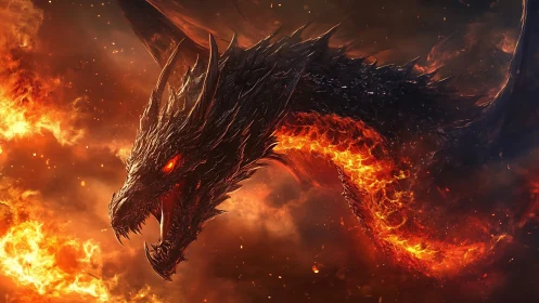 Fireborn dragon unfurling through storms of molten light.