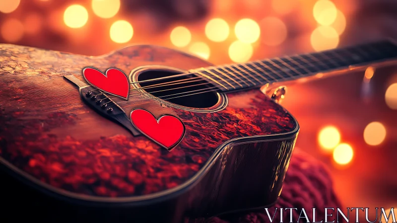 Romantic acoustic guitar glows under warm bokeh lights.