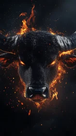 Flaming bull head emerges from darkness in hyperreal detail