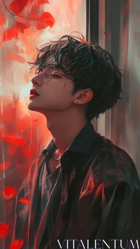 Pensive youth in glasses gazes through red autumn rain