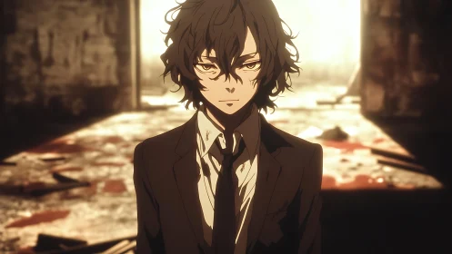 Sharp-eyed drifter in ruined hallway of molten sunlight.