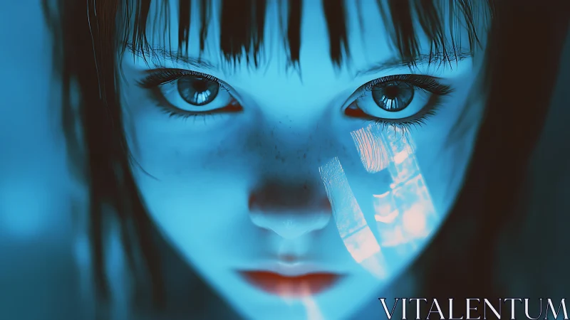Cybernetic girl in blue bioluminescent close-up portrait gaze