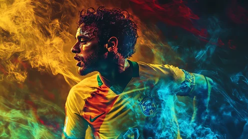 Dynamic soccer portrait erupts with fiery and electric smoke