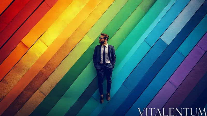 Stylish businessman stands against bold rainbow wall backdrop.