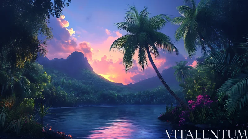 Tropical Sunset Over Mountain Lake with Palm Trees.