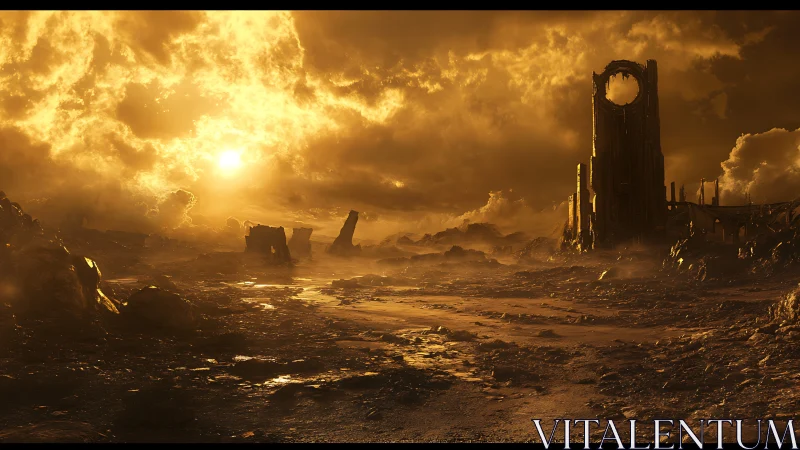 Apocalyptic sunlit wasteland frames colossal ruined tower silhouette