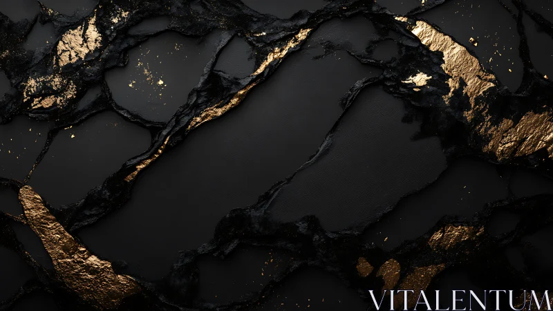 Black fractured surface with molten metallic gold veins