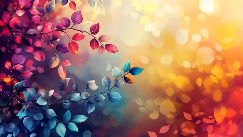 Glowing rainbow leaves drifting through a dreamy sunset haze.