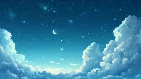 Gentle crescent moon rests above dreamy clouds and stars