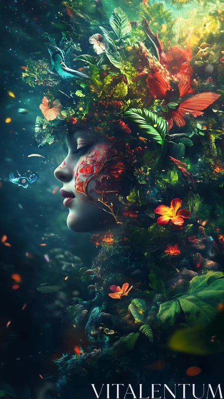 Bioluminescent forest muse portrait with floral and avian crown