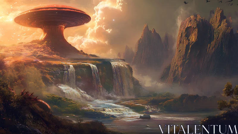 Futuristic plateau with tiered waterfalls and rock formations.