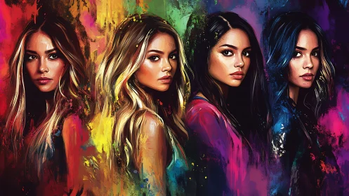 Chromatic female portraits layered in expressive neon pigments.