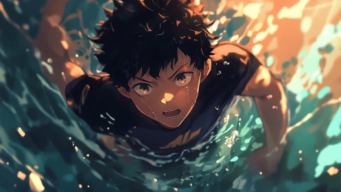 Fierce young swimmer battles glowing waves with brave heart