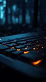 Backlit keyboard glows like embers in blurred forest night.