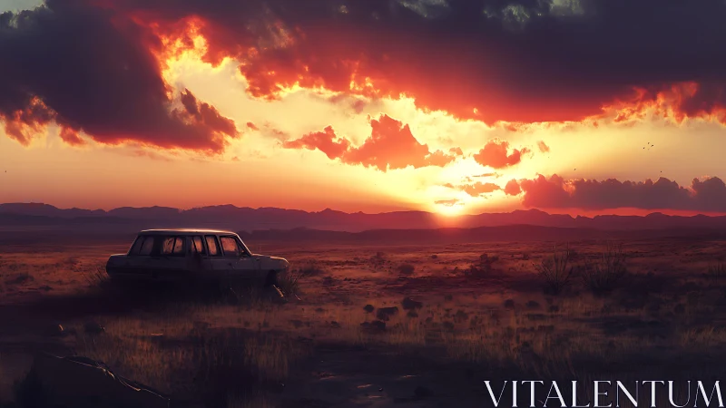 Abandoned station wagon rests in vast desert at sunset