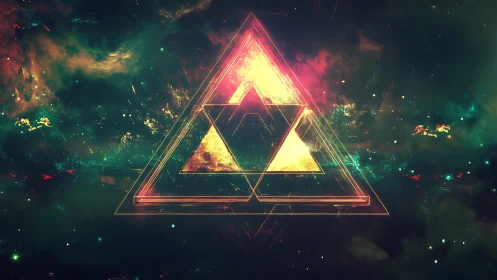 Neon triforce portal blazes within a cosmic storm of light.