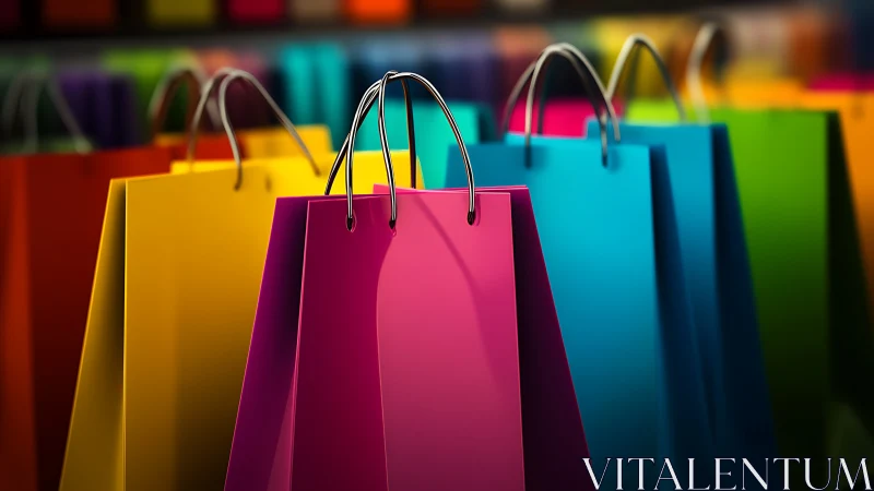 Colorful shopping bags in vibrant retail display scene.