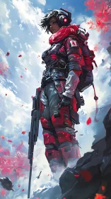 Armored figure with rifle in red gear on rocky ledge.