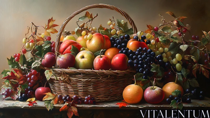 Harvest basket of jewel-toned fruits in glowing autumn light.