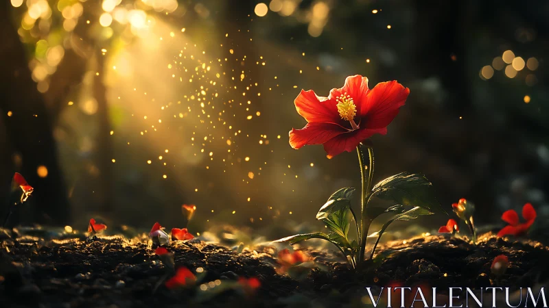 Backlit red blossom emerging from forest floor in bokeh glow.