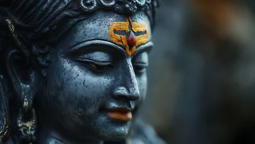 Close-focus portrait of weathered metallic deity sculpture surface