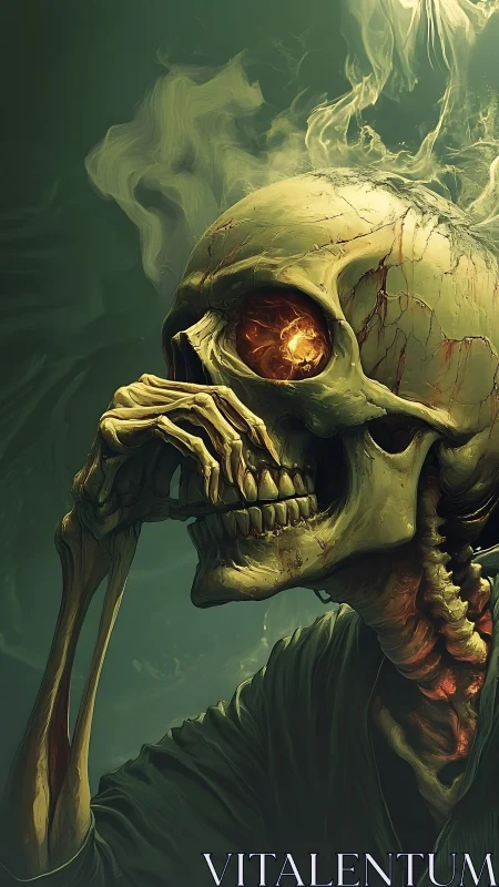 Burning-eyed skeletal figure exhales curling toxic smoke.