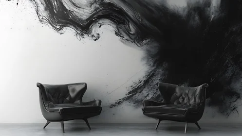 Sculptural black lounge chairs anchor bold abstract wall art