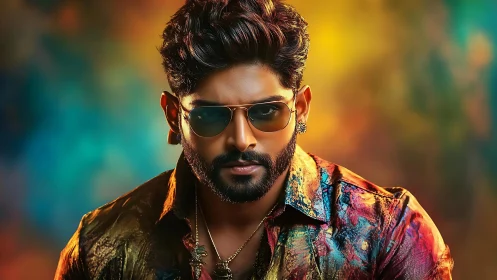 Man in patterned shirt and sunglasses against vivid background.