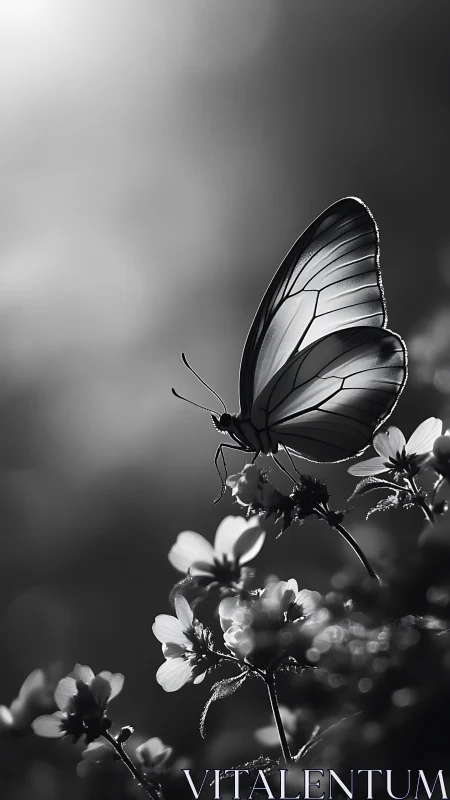 Monochrome macro portrait of butterfly on wildflower cluster