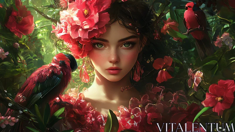 Female figure with red flora and birds in dense foliage.
