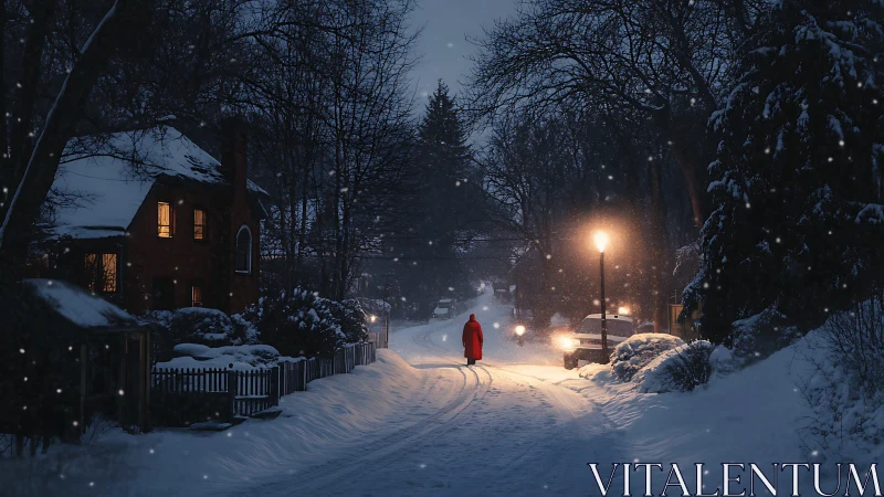 Figure in red coat on residential snowy street at night.
