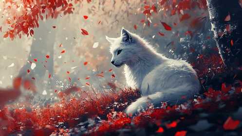 White fox resting amid red foliage under shallow depth-of-field