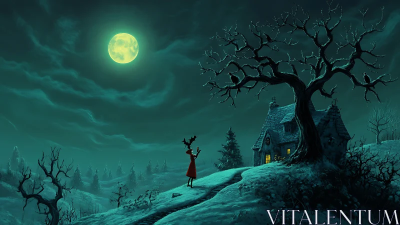 Child in red coat under full moon near eerie cottage at night.