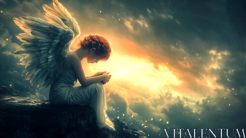 Gentle winged girl resting in a glowing stormlit sky.