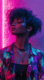 Neon glow portrait celebrating bold style and quiet strength.