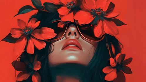 Surreal woman in red blossoms exudes bold electric glamour