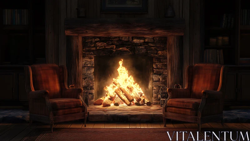 Symmetrical Interior with Fireplace and Wingback Seating.