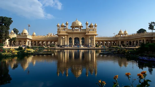 Sunlit palace arcade mirrored in a tranquil garden pool.