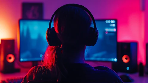 Person with headphones at dual-monitor gaming workstation.