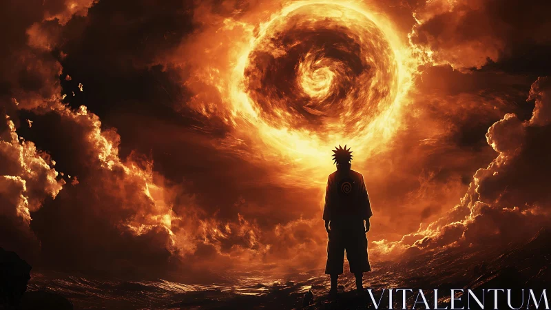 Lone shinobi confronts a blazing spiral storm in molten sky.