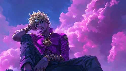 Dreamy sky wanderer rests beneath glowing pink clouds