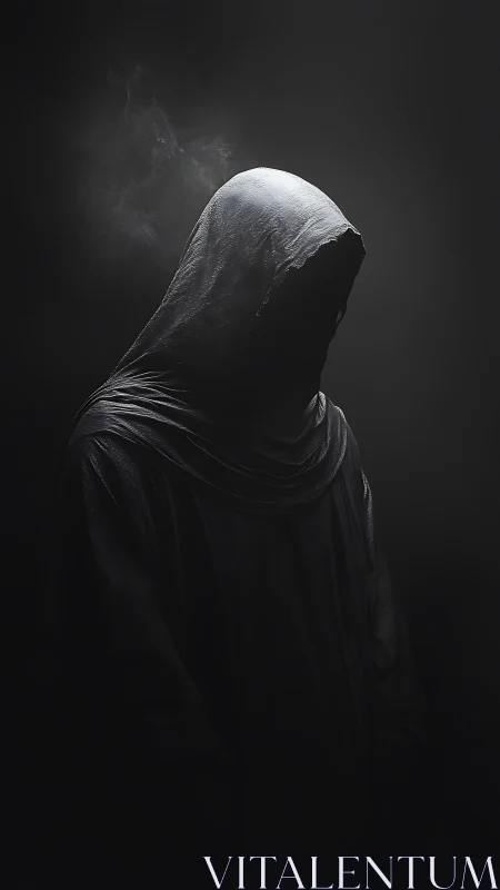 Hooded spectral figure in chiaroscuro low key portrait study.