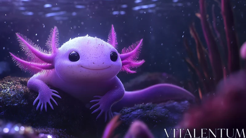 Purple axolotl resting underwater in soft blue light.