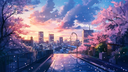 Sakura dusk boulevard above the glittering city horizon.