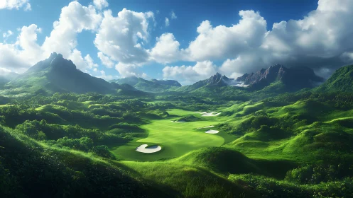 Lush mountainous golf valley rendered with high‑detail atmospheric lighting