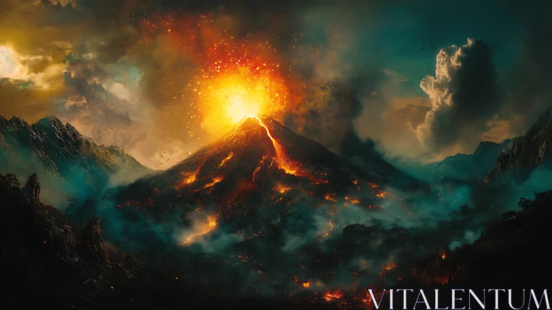 Volcanic cone erupts violently against storm-laden twilight sky