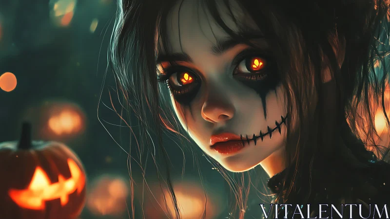 Haunted girl with glowing eyes stands amid jack o lanterns